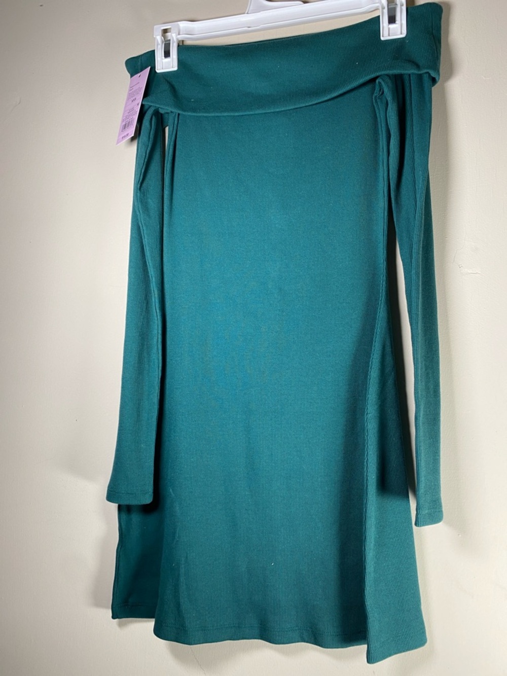 Long Sleeve Mini Bodycon Dress -Dark Teal Green Off Shoulder, Lightweight - Picture 5 of 6